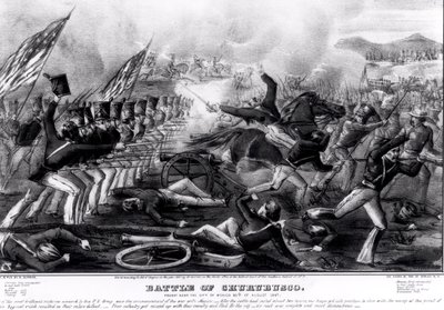 Battaglia di Churubusco, combattuta vicino alla città del Messico, 20 agosto 1847, incisa e pubblicata da Nathanial Currier (1813-88) 1847 da American School